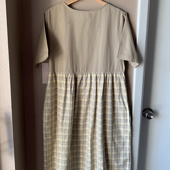 BECHAMEL Tan and Yellow Prairie Plaid Short Sleeve Midi Dress - Picture 6 of 7